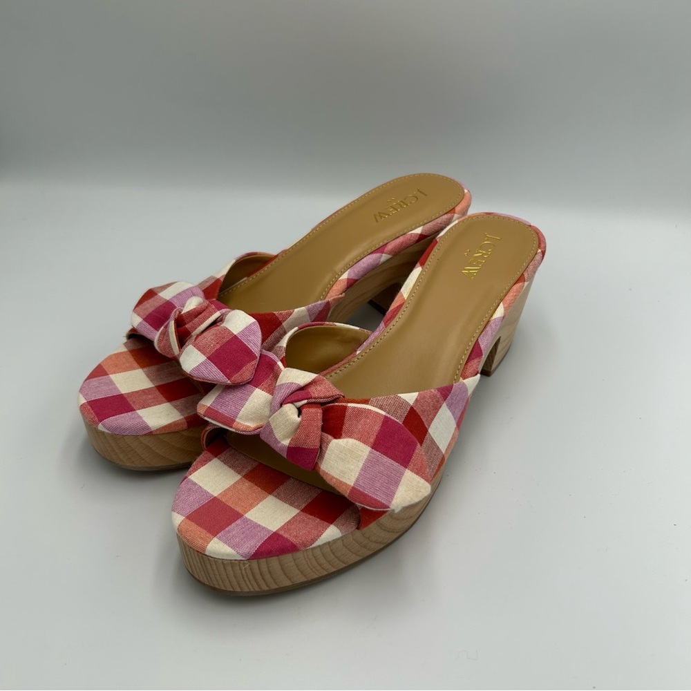 J. Crew Platform Heeled Mules Bow Bohemian Red Plaid Size 9.5 Gingham White NWOB